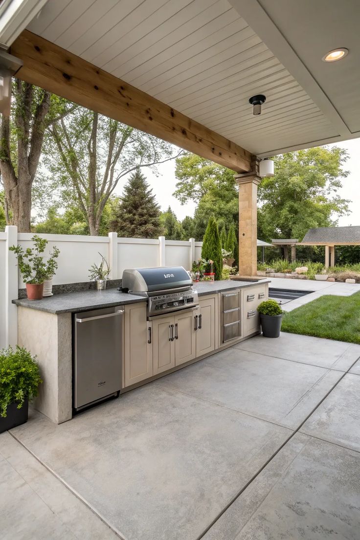 Cocina exterior cubierta con countertop de granito gris y vigas de madera